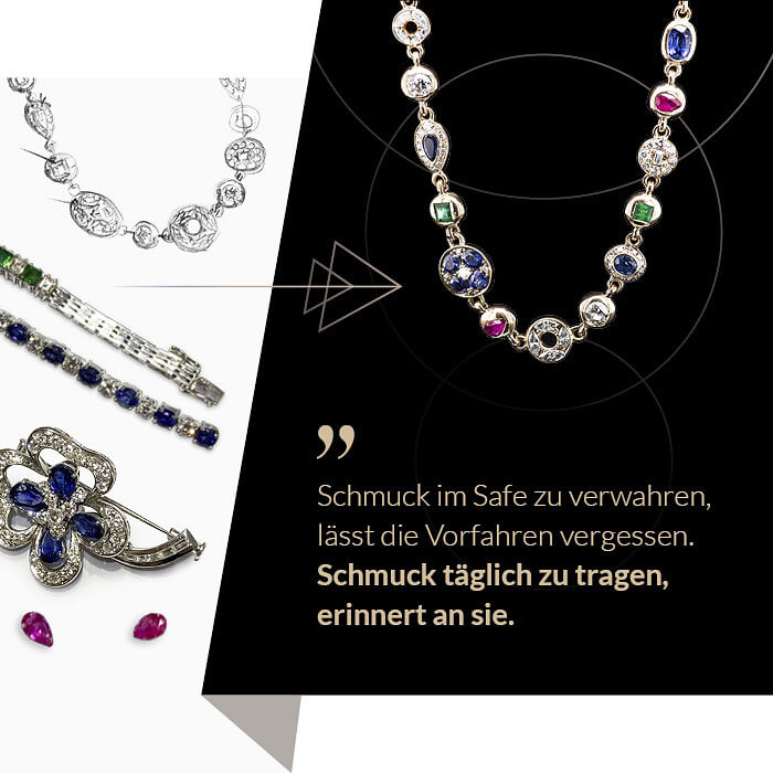 Wendekette mit funkelnden Brillanten und farbenreichem Spiel aus Rubinen, Saphiren, Smaragden